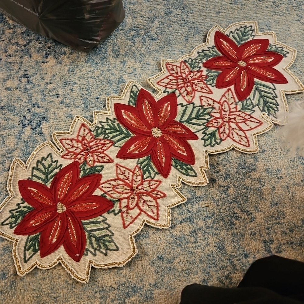St. Nicholas Square Red and Gold Poinsettia Table Runner
